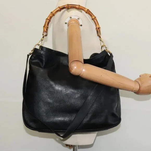 GUCCI Bamboo Hand Bag Leather 2way Black Gold 001 2123 1577 Auth 135785